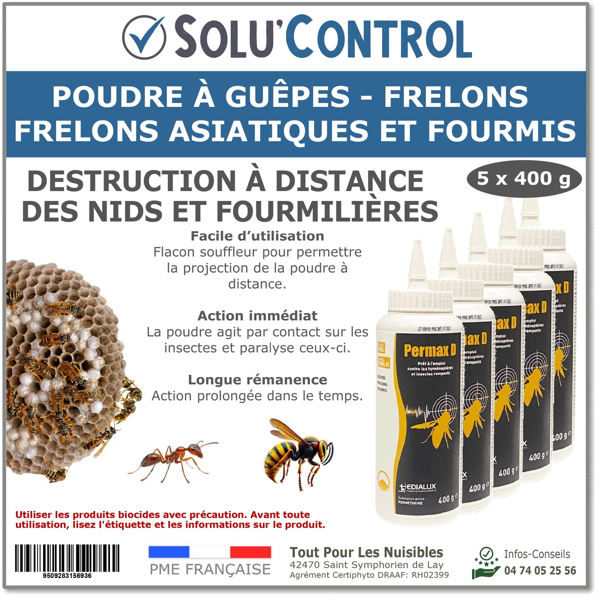 Poudre Insecticide guêpes - frelons dont asiatique, fourmis, fourmilières, Permax D - 5 Flacons souffleurs de 400 g